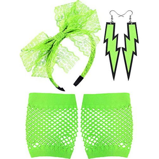 Blulu 80/'s Lace Headband Neon Earrings Fingerless Fishnet Gloves for 80/'s Party